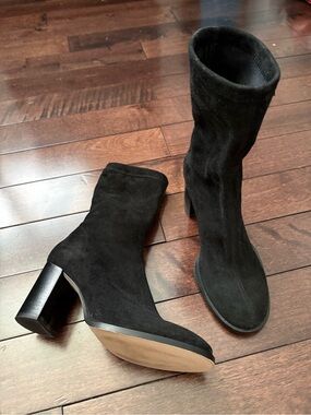 Black Suede Mid-Calf Block Heel Sock Boots - Women's